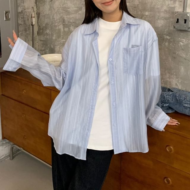JVL-Long-Sleeve Plain Sheer Button-Up Shirt