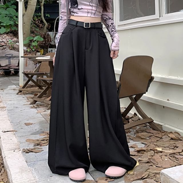 KUMI-High Rise Plain Wide Leg Pants