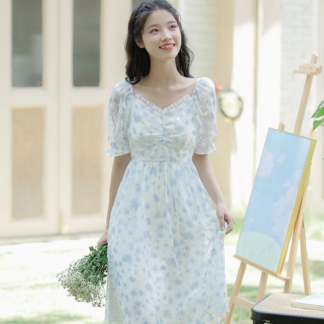 retro dress shopee Retro Forest - Puff-Sleeve Floral Print Ruffle Trim Midi A-Line Dress