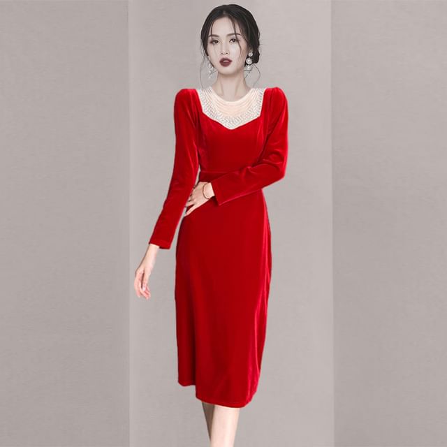 Kevina - Long-Sleeve Crew Neck Two Tone Midi Bodycon Dress | YesStyle