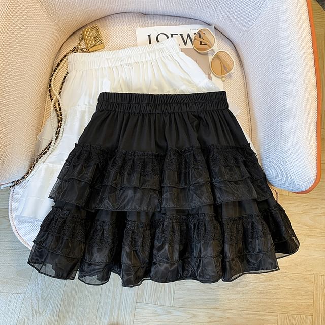 Juuri-Elastic Waist Plain Ruffle Mesh Mini A-Line Skirt