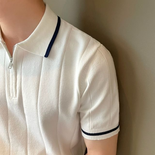 Myanderthal-Short-Sleeve Collared Contrast Trim Half-Zip Knit Top