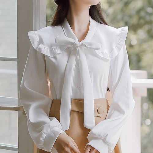 Chaufier - Long-Sleeve Bow Ruffle Trim Collar Blouse | YesStyle