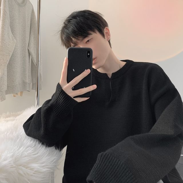 Femilina-Notch Neck Plain Sweater