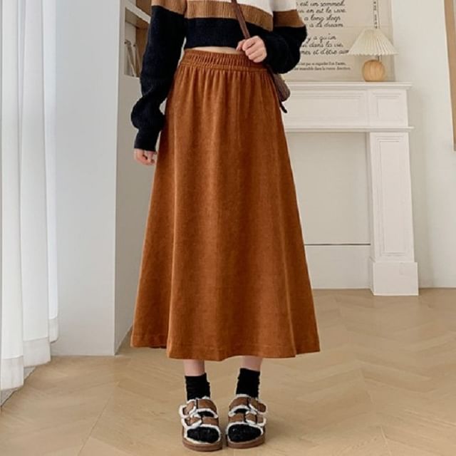 Cloud Nine-Elastic Waist Plain Midi A-Line Skirt