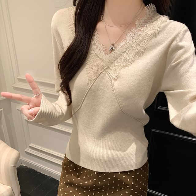Dragan Pulse-Long Sleeve V-Neck Plain Panel Lace Knit Top