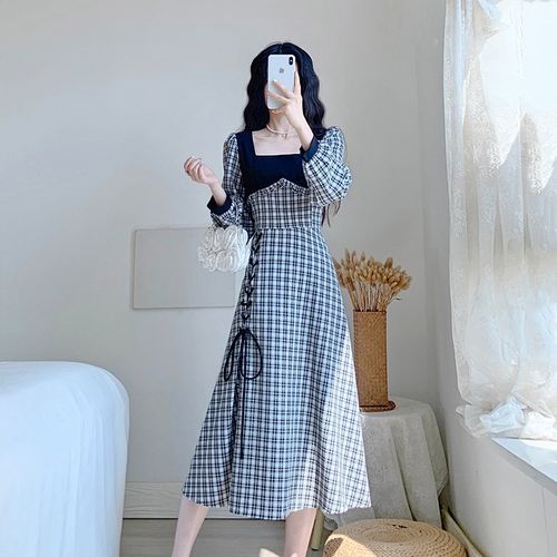 Eckazoo - Long-Sleeve Plaid Midi A-Line Dress | YesStyle