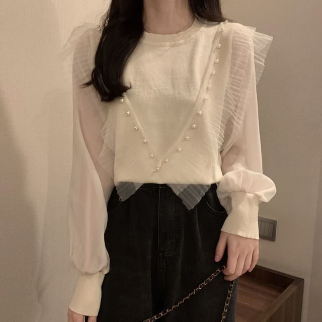 Sisyphi-Long-Sleeve Crewneck Ruffle Plain Knit Top
