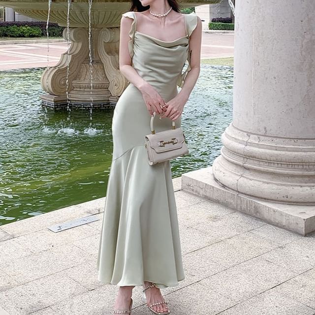 Yilda - Sleeveless Cowl Neck Plain Maxi Mermaid Dress | YesStyle