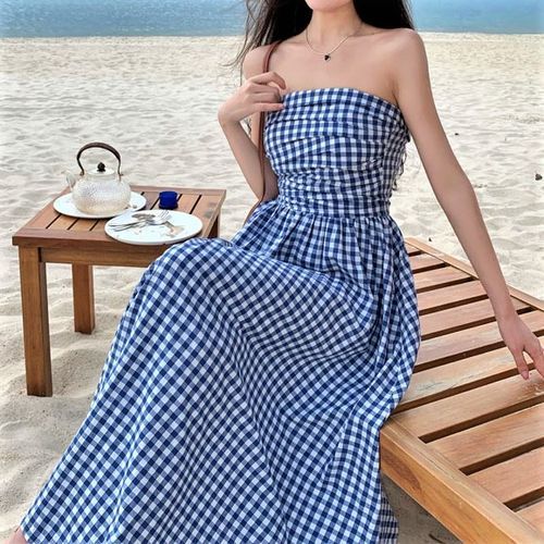 SisLinda - Strapless Gingham Shirred Midi A-Line Dress | YesStyle SisLinda - Strapless Gingham Shirred Midi A-Line Dress | YesStyle