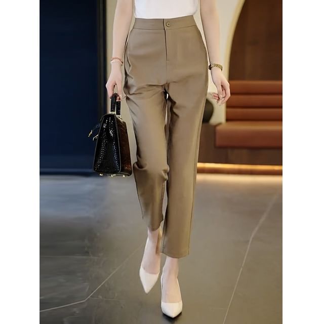 Jeonseon-High Rise Plain Cropped Tapered Slacks