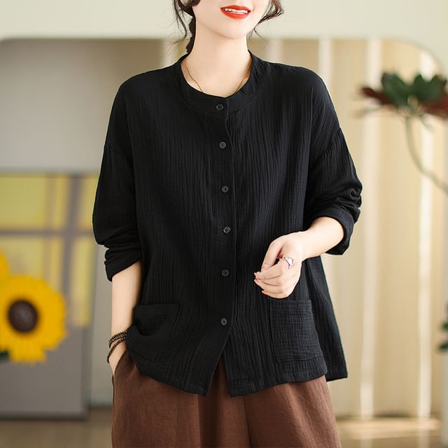 Supernova-Long Sleeve Round Neck Plain Blouse