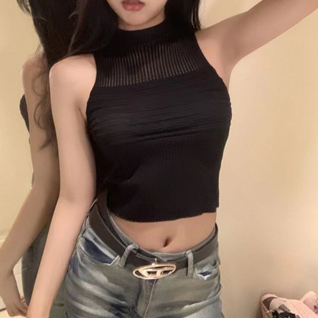 INEN-Mock Neck Plain Perforated Ribbed Knit Crop Tank Top