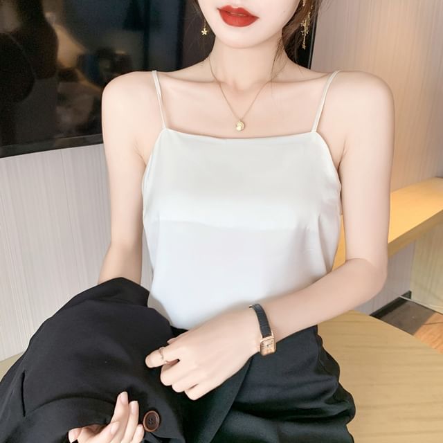 INEN-Square Neck Plain Satin Camisole Top