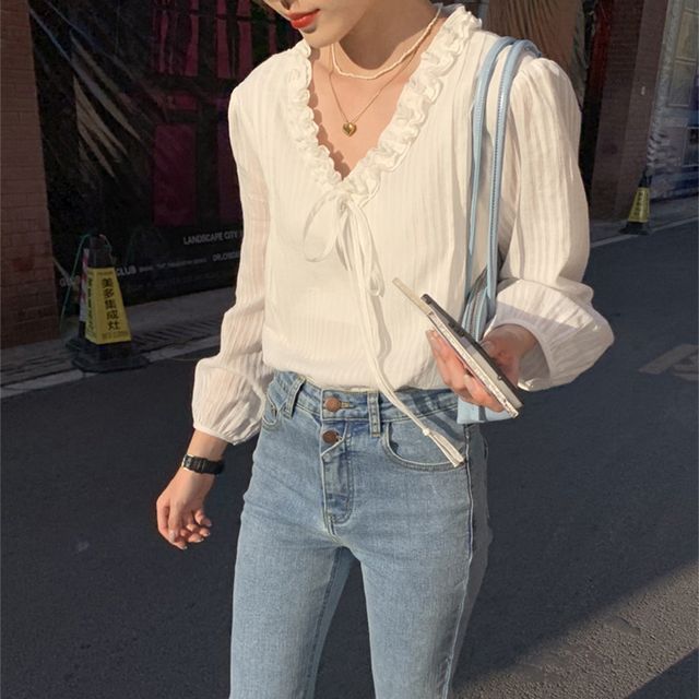 Everose-Long-Sleeve Ruffled Tie-Front Blouse