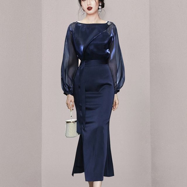knee length dresses for ladies Black Satin Puff-Sleeve Midi Dress main image 0