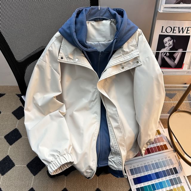 Plummie-Mock Two-Piece Two-Tone Hooded Zip Jacket
