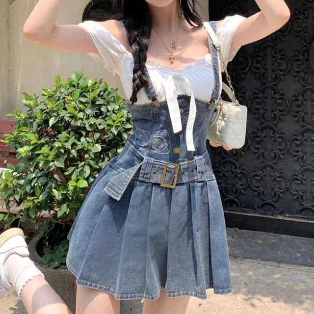white christmas dresses Pleated Tie Back Denim Dress L