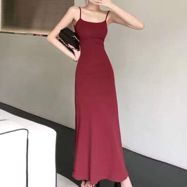 Cossita-Spaghetti Strap Plain Midi A-Line Dress