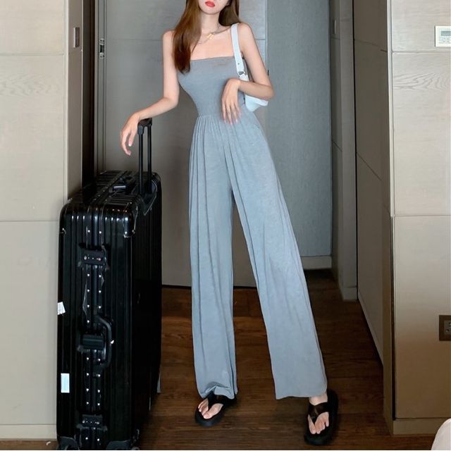 Yako-Strapless Plain Wide Leg Jumpsuit