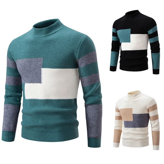 Blueforce-Mock Neck Color Block Ribbed Sweater