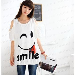 59 Seconds - Cutout Sleeve Smiley Print Top | YesStyle