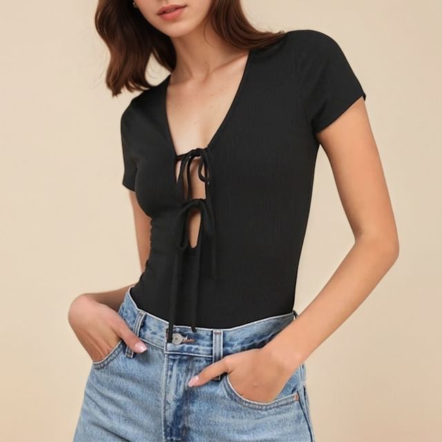 Asiris-Short-Sleeve V-Neck Plain Bodysuit Top