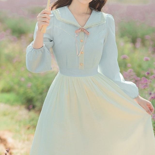 50s dress long sleeve Zapaka Women Yellow Vintage Dress V Neck Pleated Long Sleeves 1950s Dress, Yellow / L