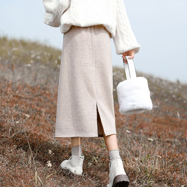 White Deer High Waist Plain Back-Slit Midi Pencil Skirt YesStyle
