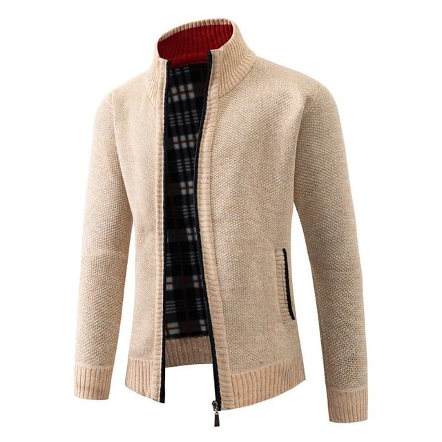 YIKES-Stand Collar Plaid Panel Zip Cardigan