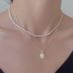 Twinstyle - Gemstone Pendant Faux Pearl Sterling Silver Layered Choker Necklace