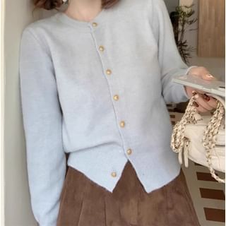 Trendycas-Round Neck Plain Button Up Cropped Cardigan