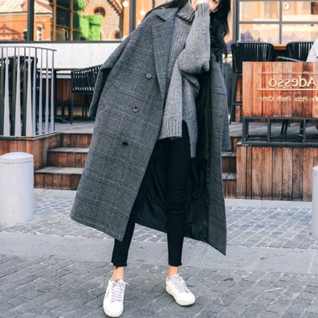 ISSOL-Lapel Collar Plaid Midi Double-Breasted Coat