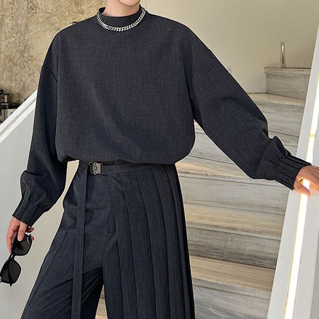 Omozando-Set Mock Neck Plain Single Breasted Blazer Mid Rise Wide Leg Pants Skirt