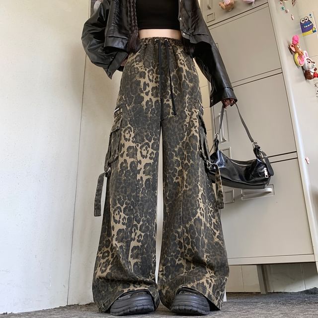Shineon Studio-High Waist Leopard Wide Leg Pants