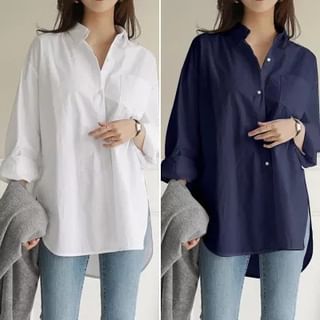 MIKIGA-Long-Sleeve Henley Plain Side-Slit Shirt