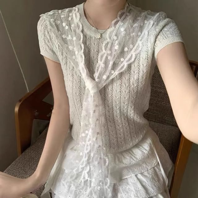 INEN-Short-Sleeve Crew Neck Plain Cable Knit Top