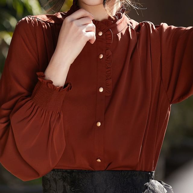 Jeonseon-Long-Sleeve Plain Ruffle Trim Blouse
