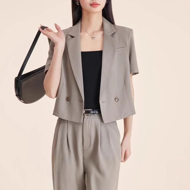 Princess Min-Short-Sleeve Lapel Collar Plain Double Button Blazer High Waist Plain Straight Leg Dress Pants