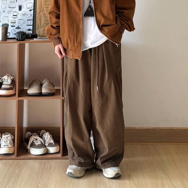 Blueforce-Drawstring Waist Plain Wide Leg Pants
