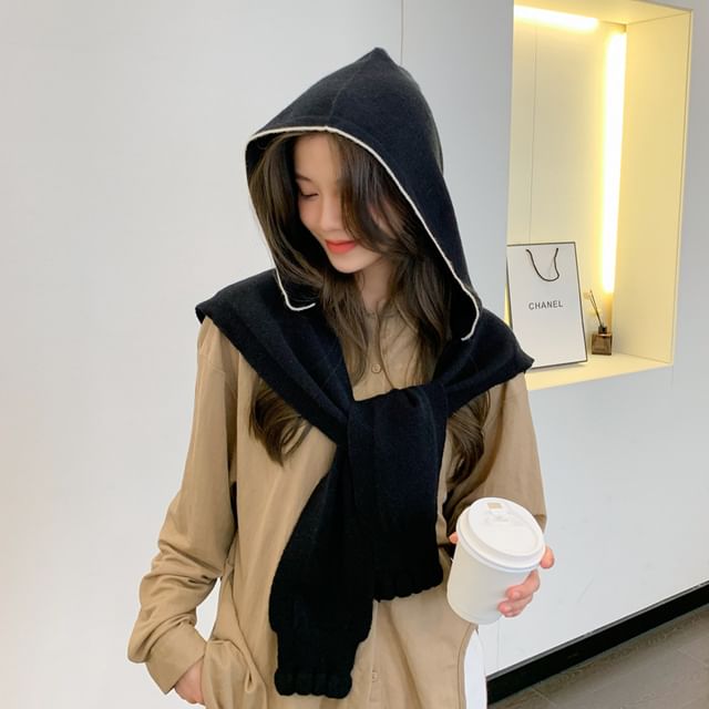 Frior-Hooded Plain Knit Scarf