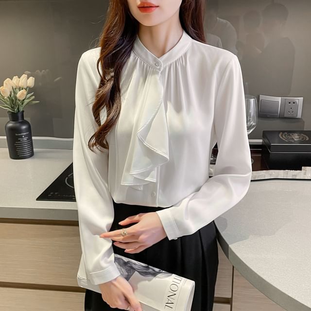 Dragan Pulse-Long-Sleeve Tie Neck Plain Blouse
