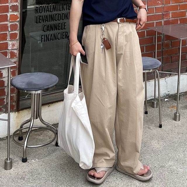 Okwano-Mid Rise Plain Pleated Straight Leg Pants