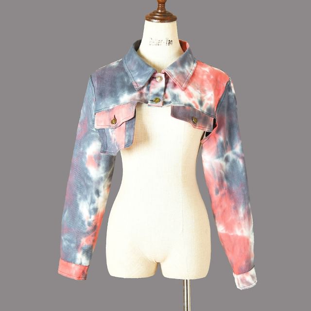 MIOW-Long-Sleeve Collar Tie Dye Asymmetrical Button Shrug