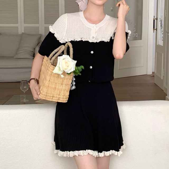 Coris-Set Mock Two-Piece Short-Sleeve Paneled Ruffled Button-Up Knit Top High Waist Contrast Trim Mini A-Line Skirt