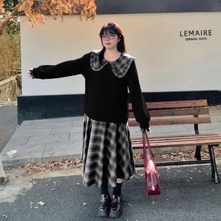 Ashteroid Peter Pan Collar Mock Two-Piece Plaid Panel Frill Trim Midi Sweatshirt Dress
