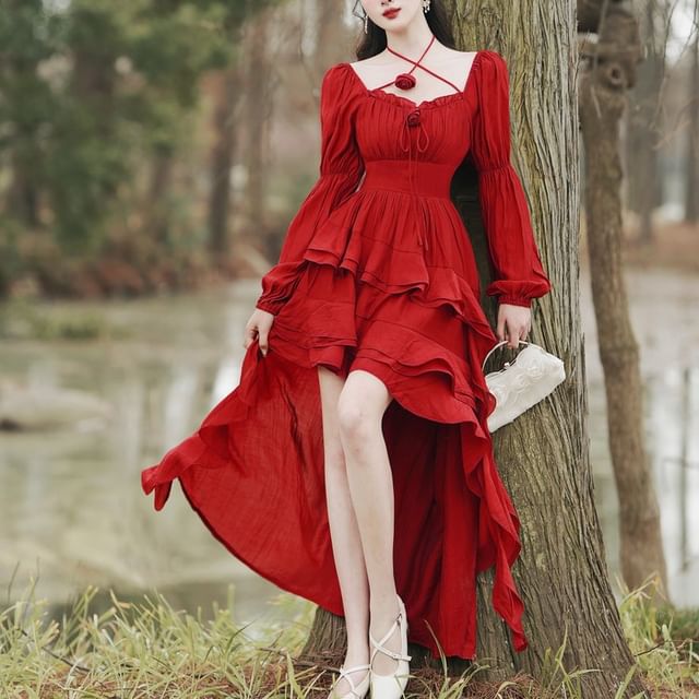 Nebbia - Cinched Sleeve Square Neck Plain Flower Detail Ruffle Asymmetrical High-Low A-Line Dress | YesStyle Nebbia - Cinched Sleeve Square Neck Plain Flower Detail Ruffle Asymmetrical High-Low A-Line Dress | YesStyle