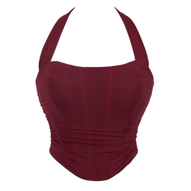 Lady Citrus-Halter-Neck Plain Fishbone Shirred Crop Top