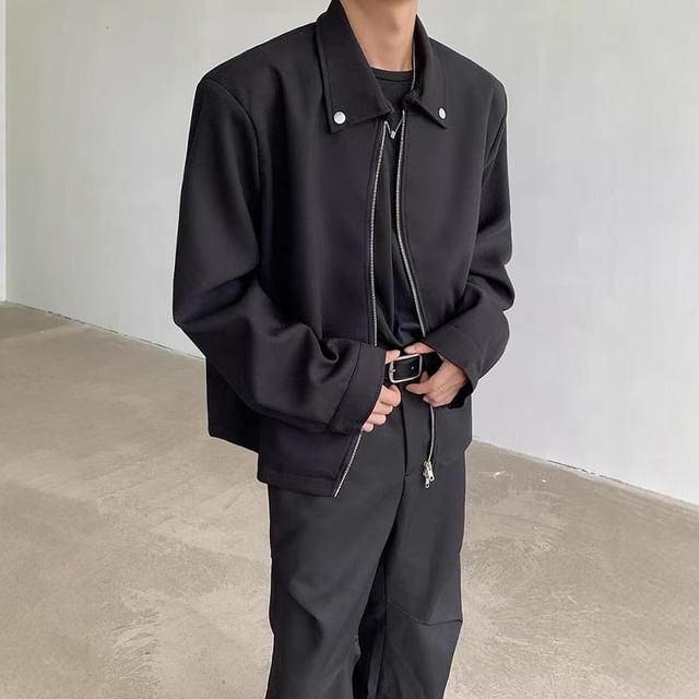 Ateso-Collared Plain Zip-Up Jacket