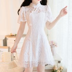 MePanda - Short-Sleeve Lace Mini A-Line Qipao Dress MePanda - Short-Sleeve Lace Mini A-Line Qipao Dress